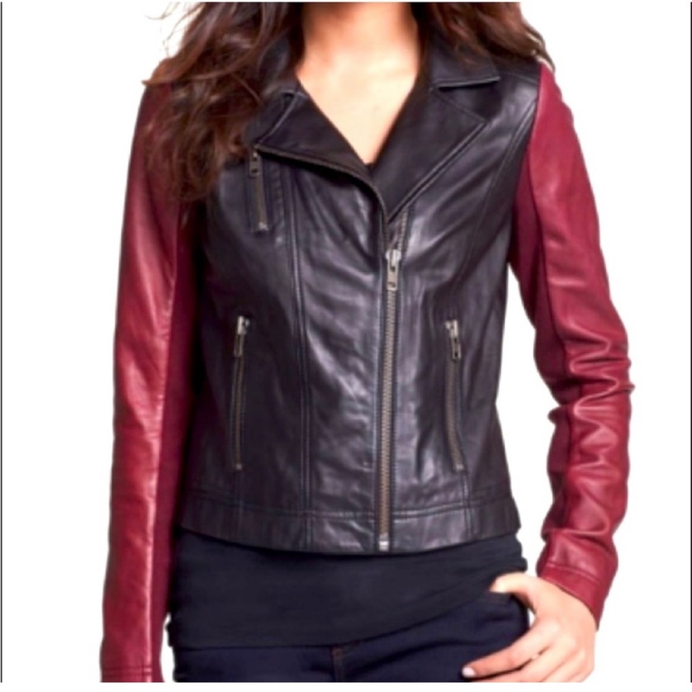 Halogen two toned black burgundy leather motorcycle Moto jacket size Small